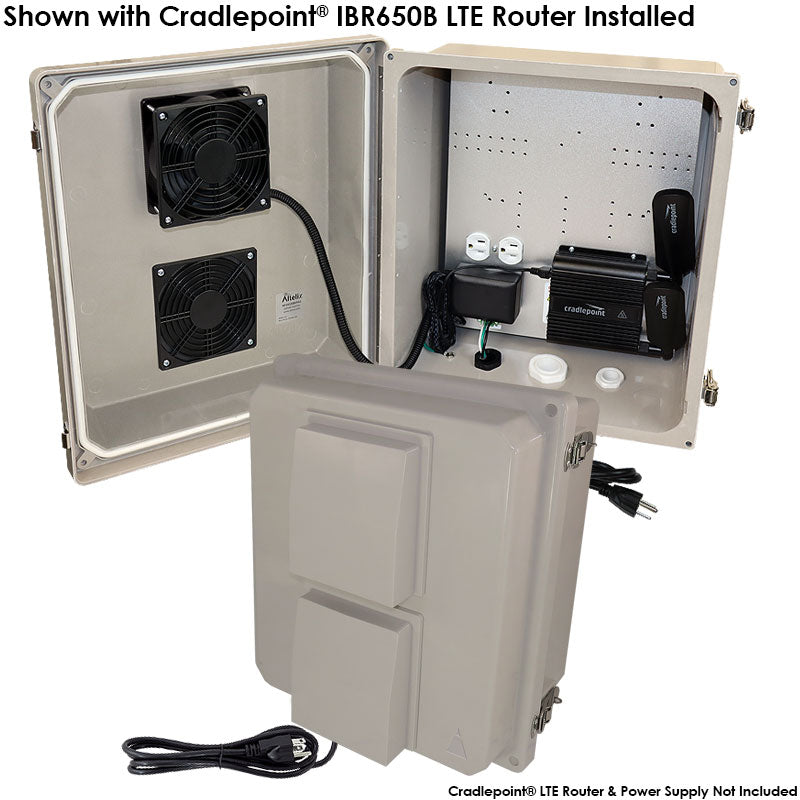 Altelix 14x12x8 Fiberglass Weatherproof Vented NEMA Enclosure for Cradlepoint® R500-PLTE, IBR600 and IBR900 Series LTE Routers with Cooling Fan, 120 VAC Outlets & Power Cord