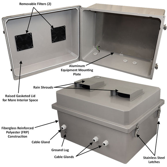 Altelix Fiberglass Weatherproof Vented NEMA Enclosure with Blank Aluminum Equipment Mounting Plate