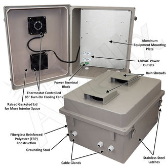 Altelix 16x20X12 Fiberglass Weatherproof Vented NEMA Enclosure with Dual Cooling Fans with 85 degree turn on, 120 VAC Outlets - 0
