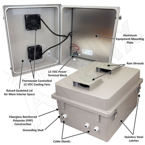 Altelix 20x16x12 Fiberglass Weatherproof Vented NEMA Enclosure with Dual 12 VDC, 24 VDC, or 48 VDC Cooling Fans