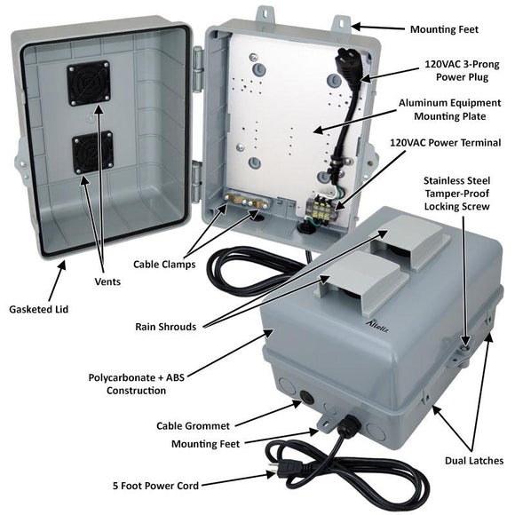 Altelix 12x9x7 PC+ABS Weatherproof Vented Utility Box NEMA Enclosure with 120 VAC 3-Prong Power Plug & Power Cord