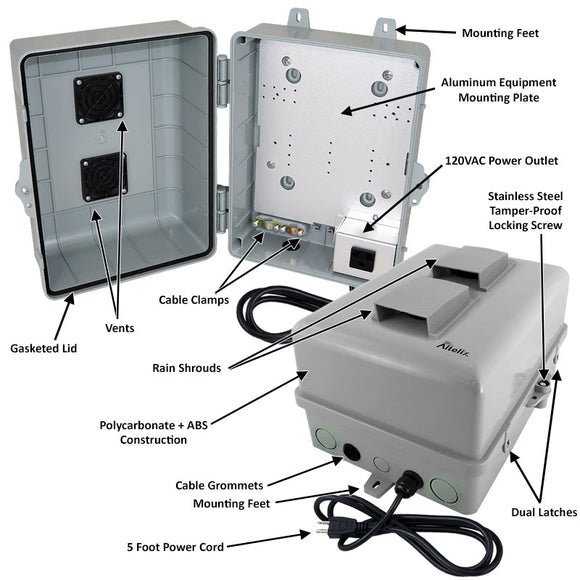 Altelix 12x9x7 PC+ABS Weatherproof Vented Utility Box NEMA Enclosure with 120VAC Power Terminal & Power Cord