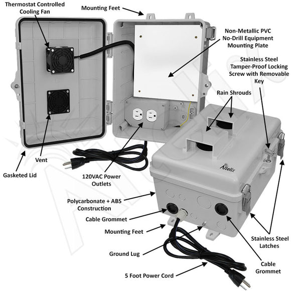 Altelix 12x9x7 Polycarbonate + ABS Vented RF Transparent Outdoor WiFi Enclosure with No-Drill PVC Equipment Mounting Plate, 120 VAC Outlets & Power Cord