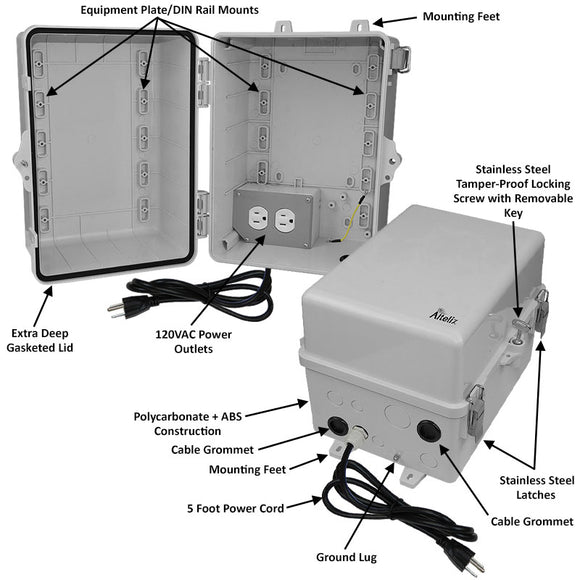 Altelix 12x9x9 Polycarbonate + ABS NEMA 4X RF Transparent Outdoor WiFi Enclosure with 120 VAC Outlets & Power Cord
