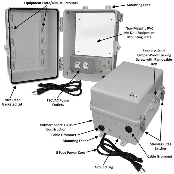 Altelix 12x9x9 Polycarbonate + ABS NEMA 4X RF Transparent Outdoor WiFi Enclosure with No-Drill PVC Equipment Mounting Plate, 120 VAC Outlets & Power Cord