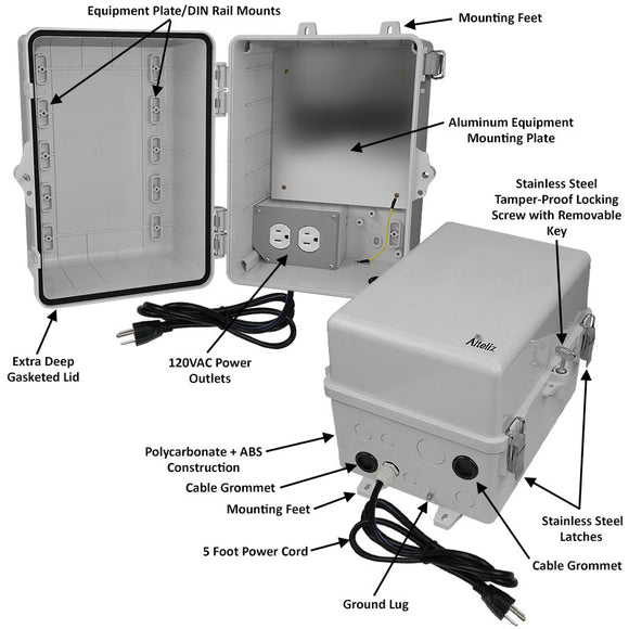 Altelix 12x9x9 Polycarbonate + ABS NEMA 4X Enclosure with Aluminum Equipment Mounting Plate, 120 VAC Outlets & Power Cord