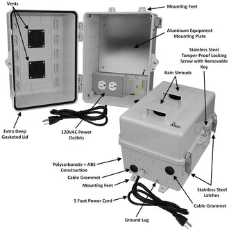 Altelix 12x9x9 Polycarbonate + ABS Vented Enclosure with Aluminum Equipment Mounting Plate, 120 VAC Outlets & Power Cord