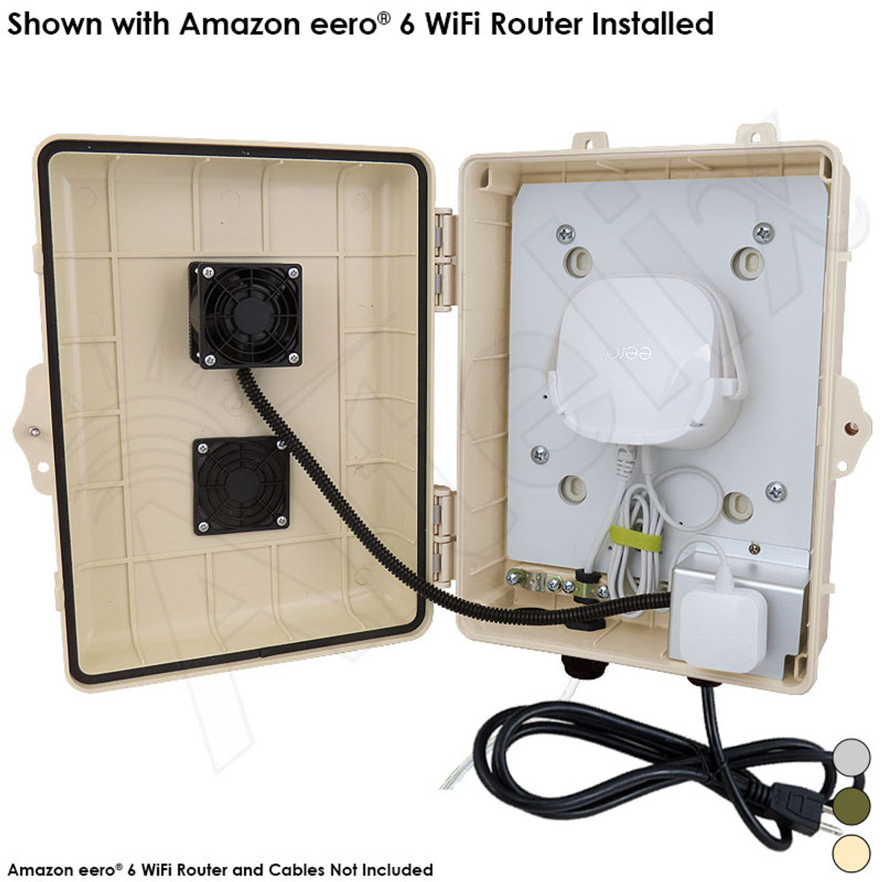 Altelix Weatherproof Vented WiFi Enclosure for Amazon eero¬Æ 6 and eero¬Æ 6 Extender with Cooling Fan, 120VAC Outlet and Power Cord