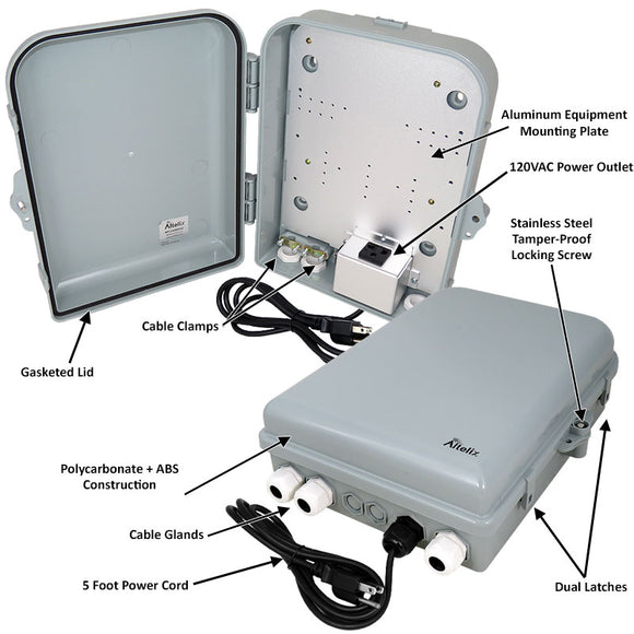 Altelix 13x10x4 PC+ABS NEMA 4X Weatherproof Utility Box NEMA Enclosure with Aluminum Mounting Plate, 120 VAC Outlet & Power Cord