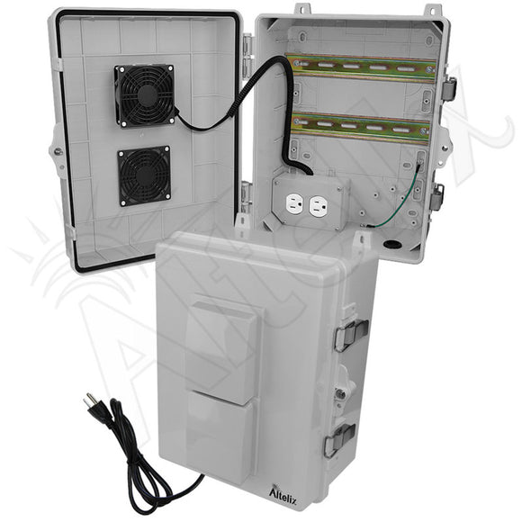 Altelix 14x11x7 Polycarbonate + ABS Vented DIN Rail Enclosure with Cooling Fan, 120 VAC Outlets & Power Cord