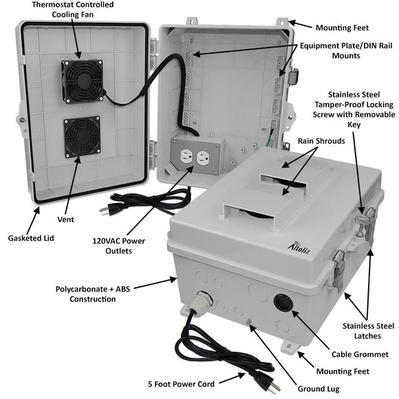 Altelix 14x11x7 Polycarbonate + ABS Vented RF Transparent Outdoor WiFi Enclosure with Cooling Fan, 120 VAC Outlets & Power Cord