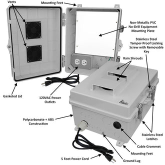 Altelix 14x11x7 Polycarbonate + ABS Vented RF Transparent Outdoor WiFi Enclosure with No-Drill PVC Equipment Mounting Plate, 120 VAC Outlets & Power Cord