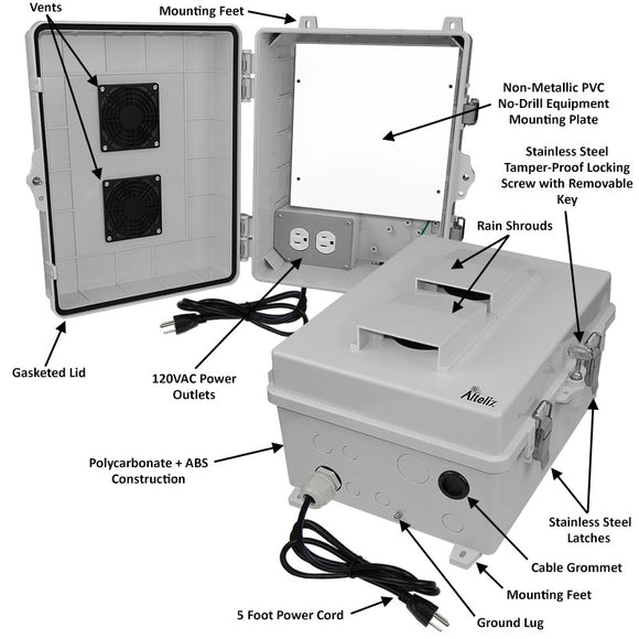 Altelix 14x11x7 Polycarbonate + ABS Vented RF Transparent Outdoor WiFi Enclosure with No-Drill PVC Equipment Mounting Plate, 120 VAC Outlets & Power Cord