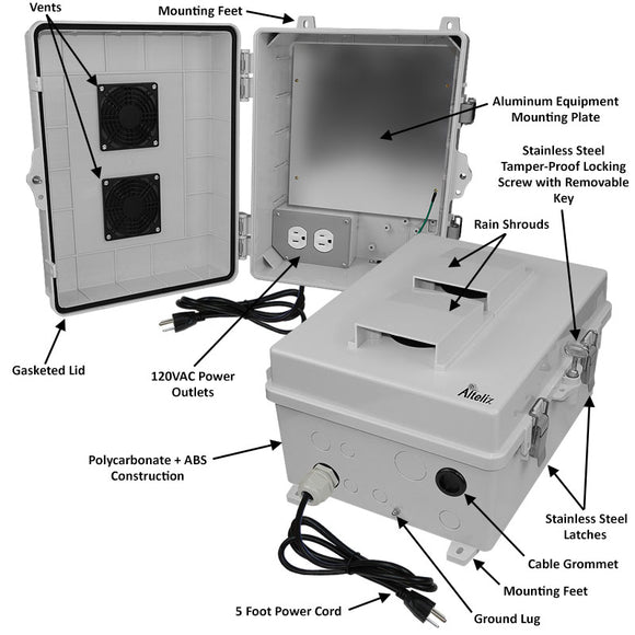 Altelix 14x11x7 Polycarbonate + ABS Vented Enclosure with Aluminum Equipment Mounting Plate, 120 VAC Outlets & Power Cord