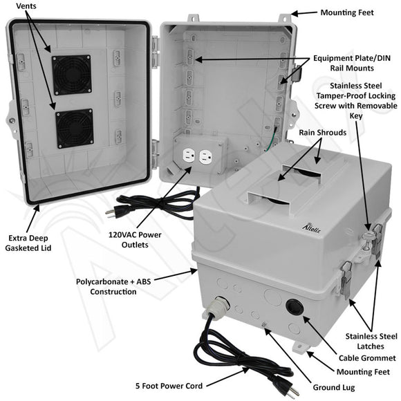 Altelix 14x11x9 Polycarbonate + ABS Vented RF Transparent Outdoor WiFi Enclosure with 120 VAC Outlets & Power Cord