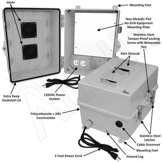Altelix 14x11x9 Polycarbonate + ABS Vented RF Transparent Outdoor WiFi Enclosure with No-Drill PVC Equipment Mounting Plate, 120 VAC Outlets & Power Cord - 0