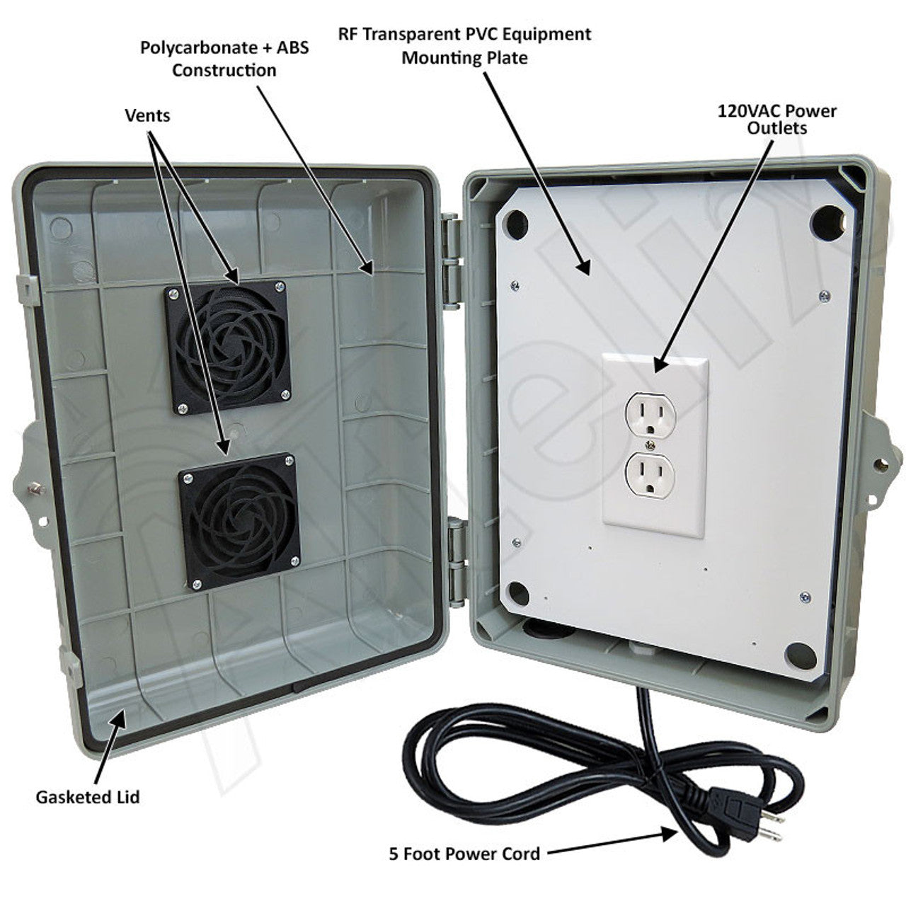 Altelix Weatherproof Vented WiFi Enclosure with No-Drill Equipment Mounting Plate, 120VAC Outlets and Power Cord - 0