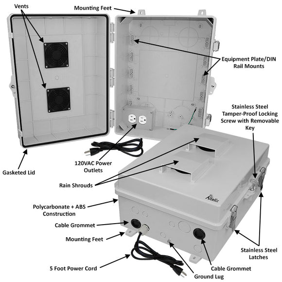 Altelix 17x14x7 Polycarbonate + ABS Vented RF Transparent Outdoor WiFi Enclosure with 120 VAC Outlets & Power Cord