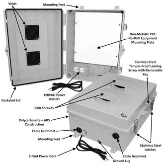 Altelix 17x14x7 Polycarbonate + ABS Vented RF Transparent Outdoor WiFi Enclosure with No-Drill PVC Equipment Mounting Plate, 120 VAC Outlets & Power Cord - 0