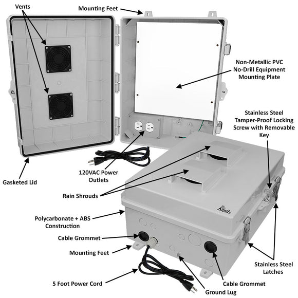 Altelix 17x14x7 Polycarbonate + ABS Vented RF Transparent Outdoor WiFi Enclosure with No-Drill PVC Equipment Mounting Plate, 120 VAC Outlets & Power Cord