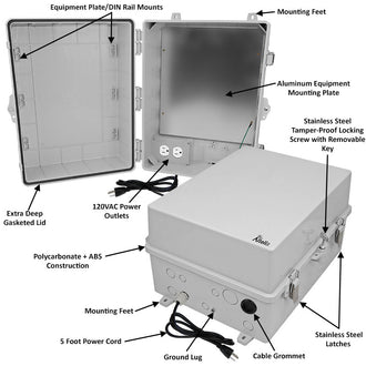 Altelix 17x14x9 Polycarbonate + ABS NEMA 4X Enclosure with Aluminum Equipment Mounting Plate, 120 VAC Outlets & Power Cord - 0
