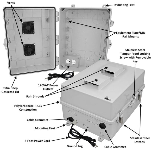 Altelix 17x14x9 Polycarbonate + ABS Vented RF Transparent Outdoor WiFi Enclosure with 120 VAC Outlets & Power Cord