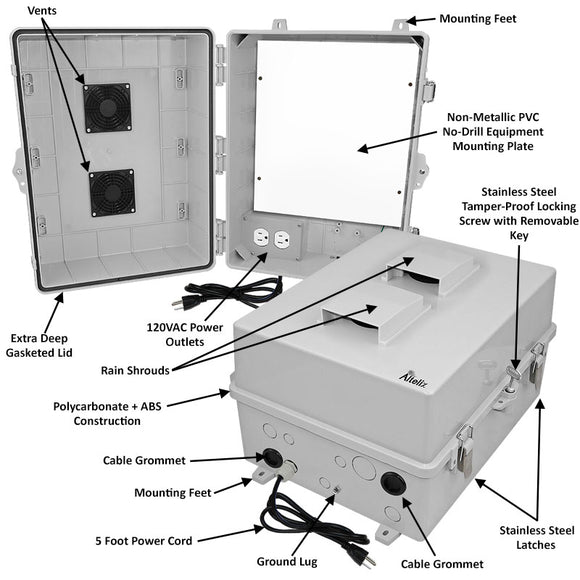 Altelix 17x14x9 Polycarbonate + ABS Vented RF Transparent Outdoor WiFi Enclosure with No-Drill PVC Equipment Mounting Plate, 120 VAC Outlets & Power Cord