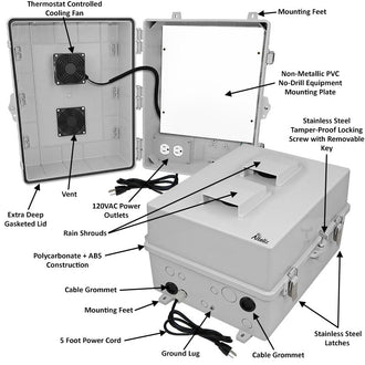 Altelix 17x14x9 Polycarbonate + ABS Vented RF Transparent Outdoor WiFi Enclosure with No-Drill PVC Equipment Mounting Plate, Cooling Fan, 120 VAC Outlets & Power Cord - 0