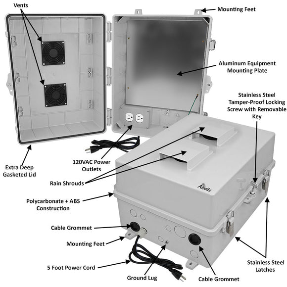 Altelix 17x14x9 Polycarbonate + ABS Vented Enclosure with Aluminum Equipment Mounting Plate, 120 VAC Outlets & Power Cord