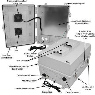 Altelix 17x14x9 Polycarbonate + ABS Vented Enclosure with Aluminum Equipment Mounting Plate, Cooling Fan, 120 VAC Outlets & Power Cord - 0