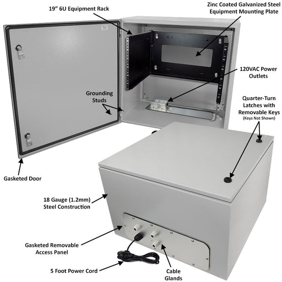 Altelix 19" Wide 6U Rack NEMA 4X Steel Weatherproof Enclosure with Single 120 VAC Duplex Outlet and Power Cord