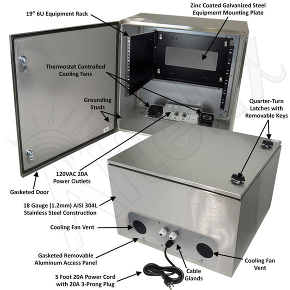 Altelix 24x24x16 120VAC 20A Stainless Steel NEMA Enclosure for UPS Power Systems with 19" Wide 6U Rack, Dual Cooling Fans, 20A Power Outlets & Power Cord