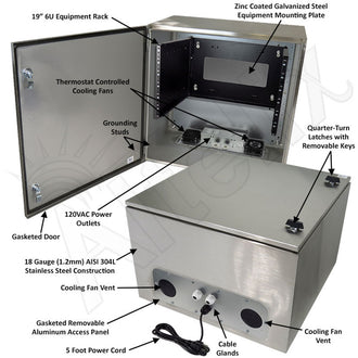 Altelix 24x24x16 19" Wide 6U Rack Stainless Steel Weatherproof NEMA Enclosure with Dual Cooling Fans, 120 VAC Outlets and Power Cord - 0
