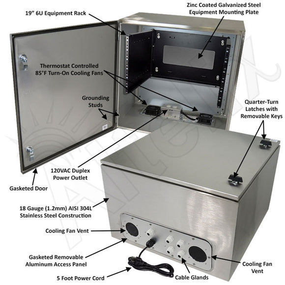 Altelix 24x24x16 19" Wide 6U Rack Stainless Steel Weatherproof NEMA Enclosure with Single 120 VAC Duplex Outlet, Power Cord & 85°F Turn-On Cooling Fans
