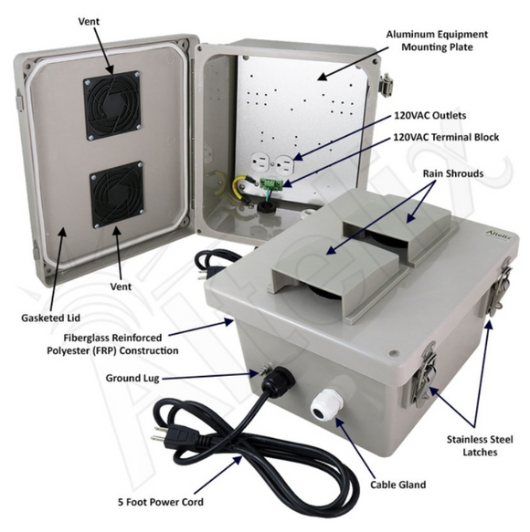 Altelix Vented Fiberglass Weatherproof NEMA Enclosure with 120 VAC Outlets and Power Cord