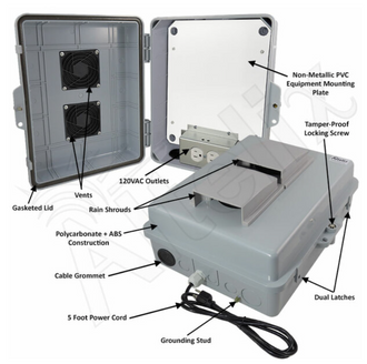 Altelix 14x11x5 Polycarbonate + ABS Vented RF Transparent Outdoor WiFi Enclosure with No-Drill PVC Equipment Mounting Plate, 120 VAC Outlets & Power Cord - 0