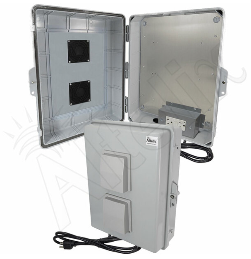 Altelix 17x14x6 Polycarbonate + ABS Vented Weatherproof NEMA Enclosure with Aluminum Mounting Plate, 120 VAC GFCI Outlets & Power Cord