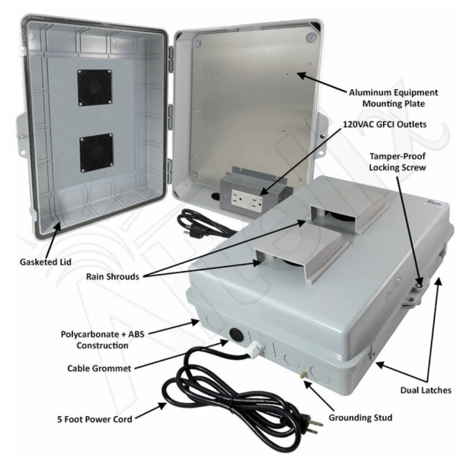 Altelix 17x14x6 Polycarbonate + ABS Vented Weatherproof NEMA Enclosure with Aluminum Mounting Plate, 120 VAC GFCI Outlets & Power Cord - 0