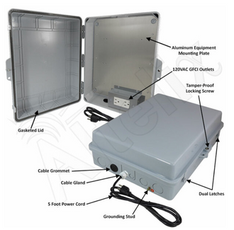 Altelix 17x14x6 Polycarbonate + ABS Weatherproof NEMA Enclosure with Aluminum Mounting Plate, 120 VAC GFCI Outlets & Power Cord - 0