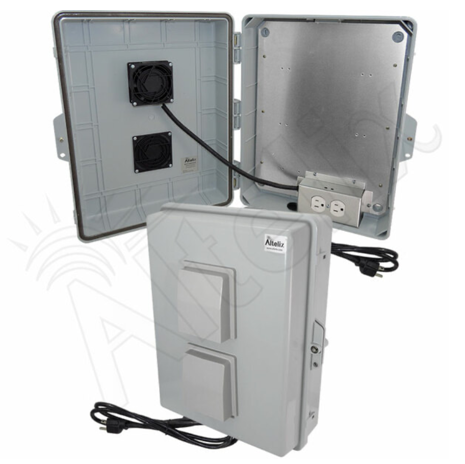 Altelix 17x14x6 Vented Polycarbonate + ABS Weatherproof NEMA Enclosure with Cooling Fan, 120 VAC Outlets & Power Cord