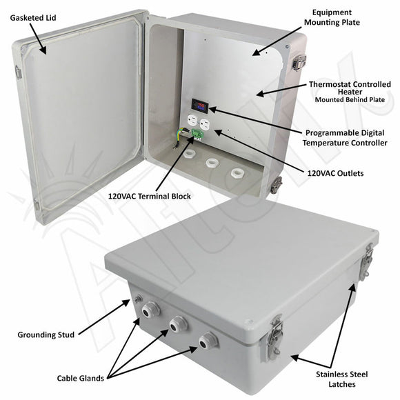 Altelix Fiberglass Weatherproof Heated NEMA Enclosure with 120 VAC Outlets & 200W Heater with Digital Temperature Controller