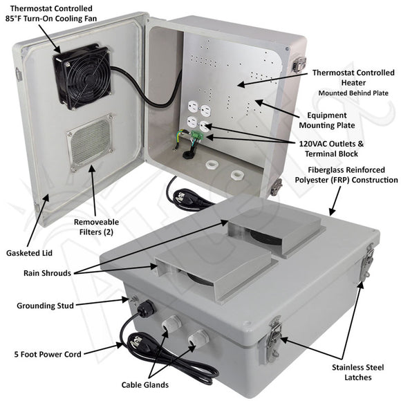 Altelix Fiberglass Vented & Heated Weatherproof NEMA Enclosure with 120 VAC Outlets & Power Cord, 200W Heater & 85°F Turn-On Cooling Fan