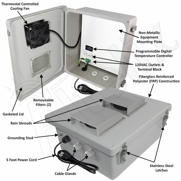 Altelix Fiberglass WiFi Weatherproof Vented NEMA Enclosure with Non-Metallic Equipment Mounting Plate, 120 VAC Outlets, Power Cord & Cooling Fan with Digital Temperature Controller