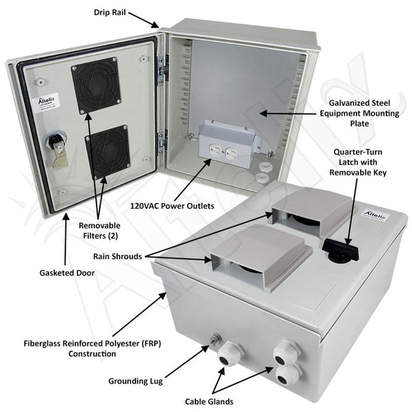Altelix Vented Fiberglass Weatherproof NEMA Enclosure with Equipment Mounting Plate & 120 VAC Outlets