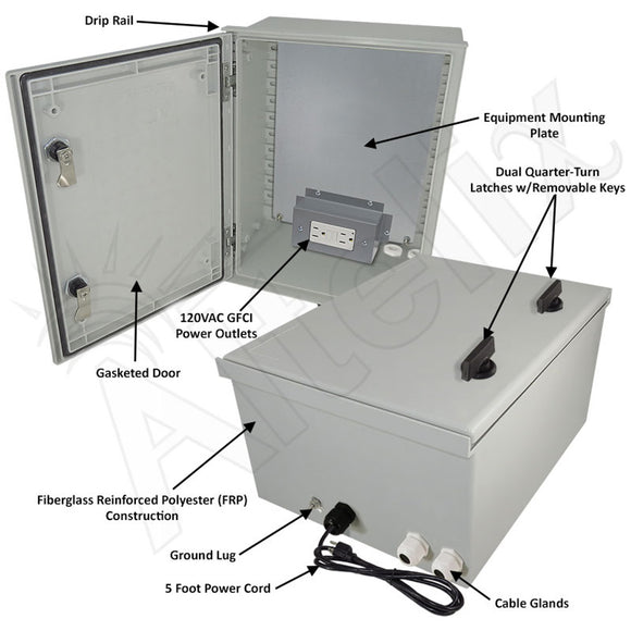 Altelix 16x12x8 NEMA 3X Fiberglass Weatherproof Enclosure with Equipment Mounting Plate & 120 VAC GFCI Outlets & Power Cord