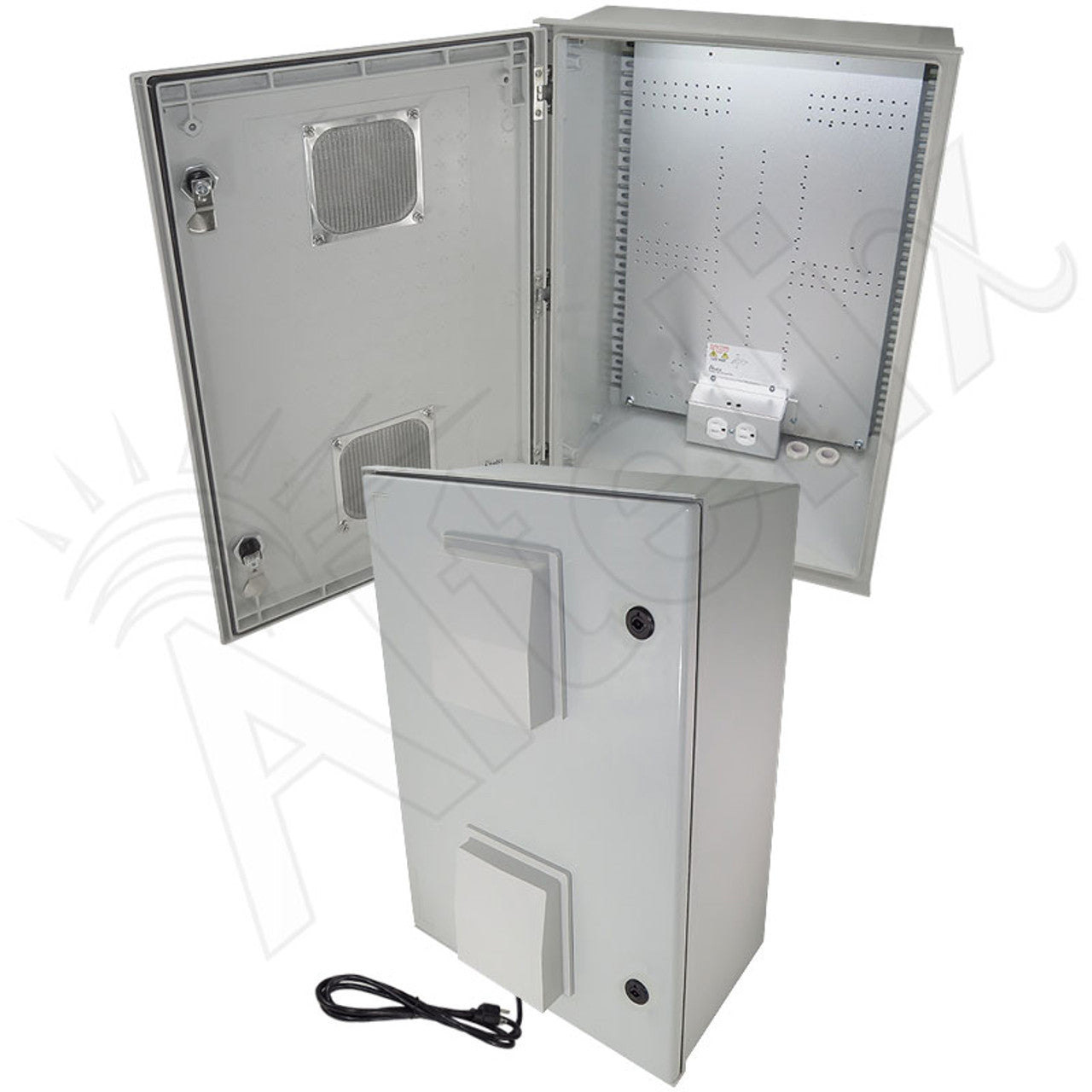 Altelix Vented Fiberglass Weatherproof NEMA Enclosure with Equipment Mounting Plate, 120 VAC Outlets & Power Cord