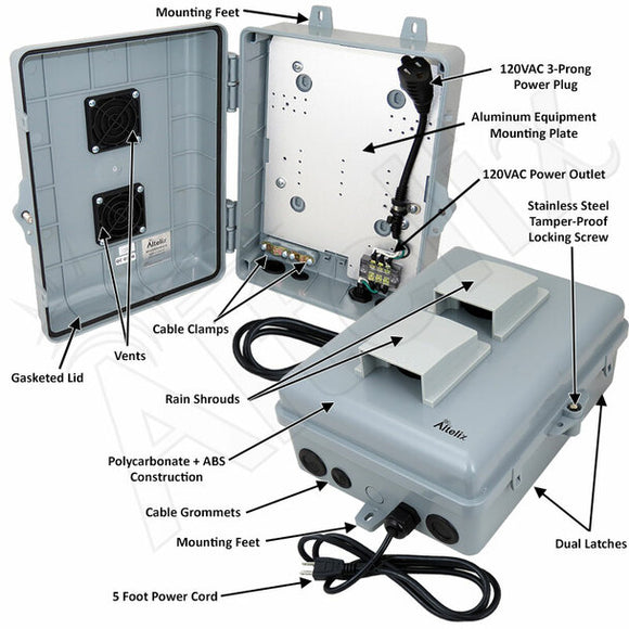 Altelix 12x9x5 PC+ABS Weatherproof Vented Utility Box NEMA Enclosure with 120 VAC 3-Prong Power Plug & Power Cord