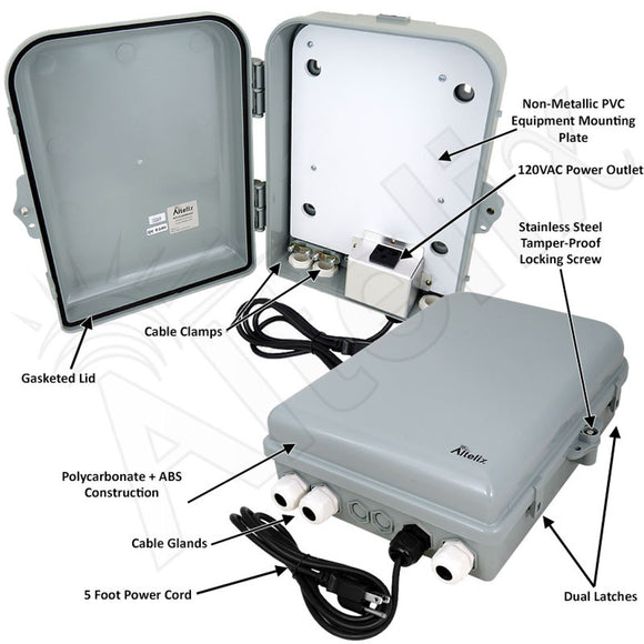 Altelix 13x10x4 PC+ABS NEMA 4X RF Transparent Outdoor WiFi Enclosure with No-Drill PVC Equipment Mounting Plate, 120 VAC Outlets & Power Cord