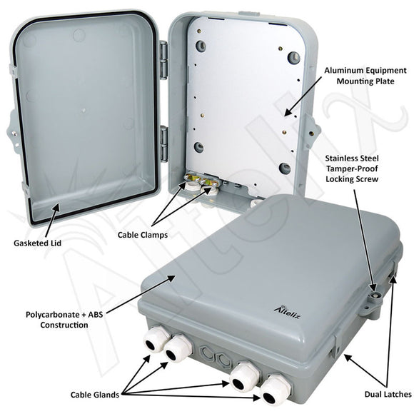 Altelix 13x10x4 IP66 NEMA 4X PC+ABS Weatherproof Utility Box with Hinged Door & Aluminum Mounting Plate