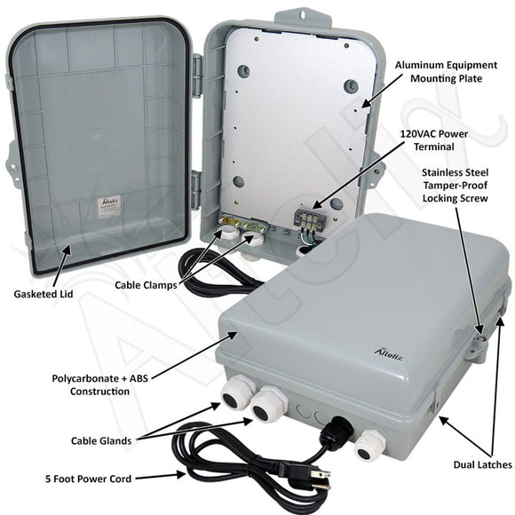 Altelix 15x10x5 NEMA 4X Polycarbonate + ABS Weatherproof Enclosure with Aluminum Mounting Plate, 120 VAC Terminal Block & Power Cord